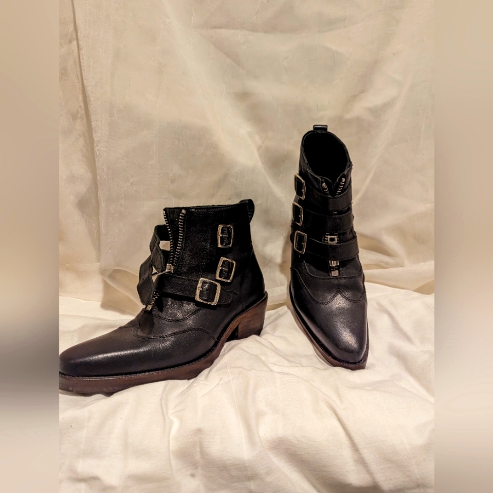John Fluevog Black Ankle Boots with Buckles